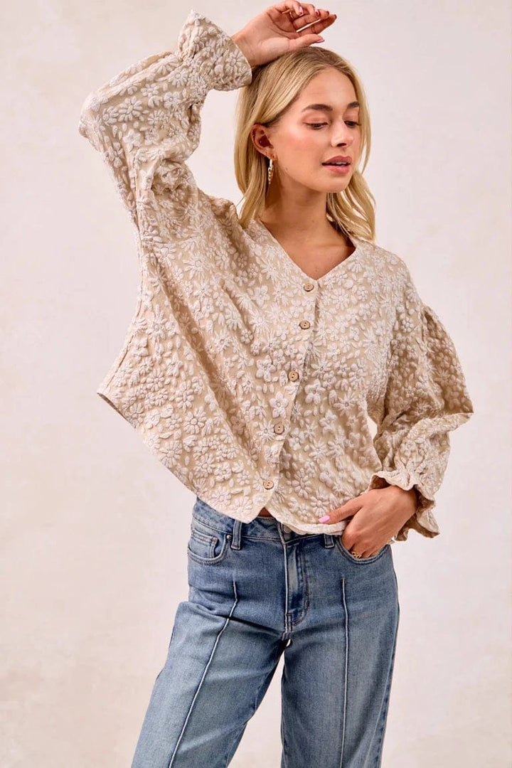 Floral Pattern Texture V-neck Ruffle Sleeve Button Up V-Neckline Top
