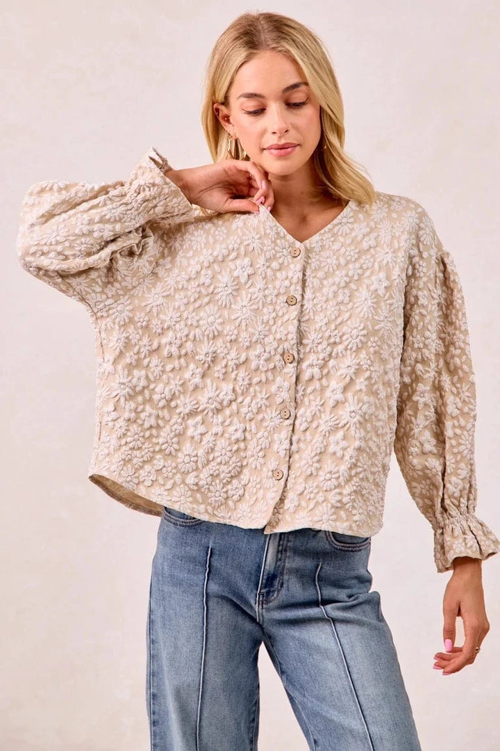 Floral Pattern Texture V-neck Ruffle Sleeve Button Up V-Neckline Top
