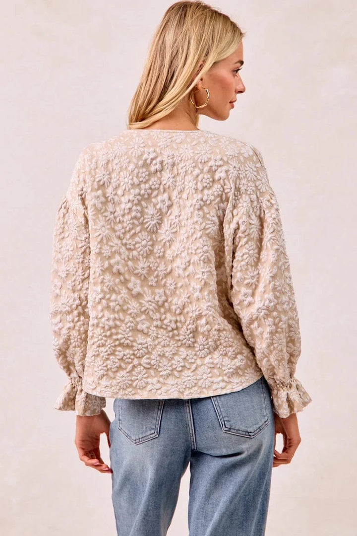 Floral Pattern Texture V-neck Ruffle Sleeve Button Up V-Neckline Top