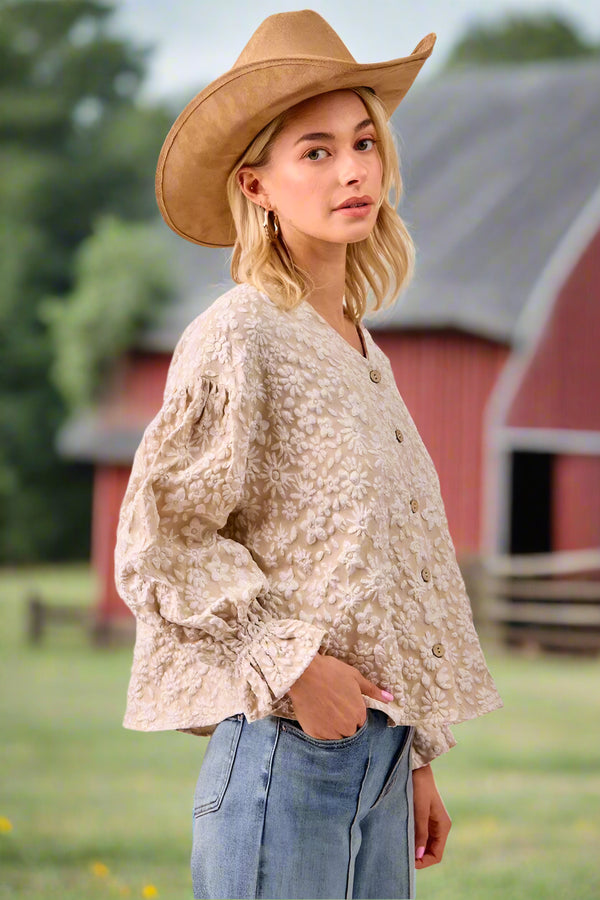 Floral Pattern Texture V-neck Ruffle Sleeve Button Up V-Neckline Top