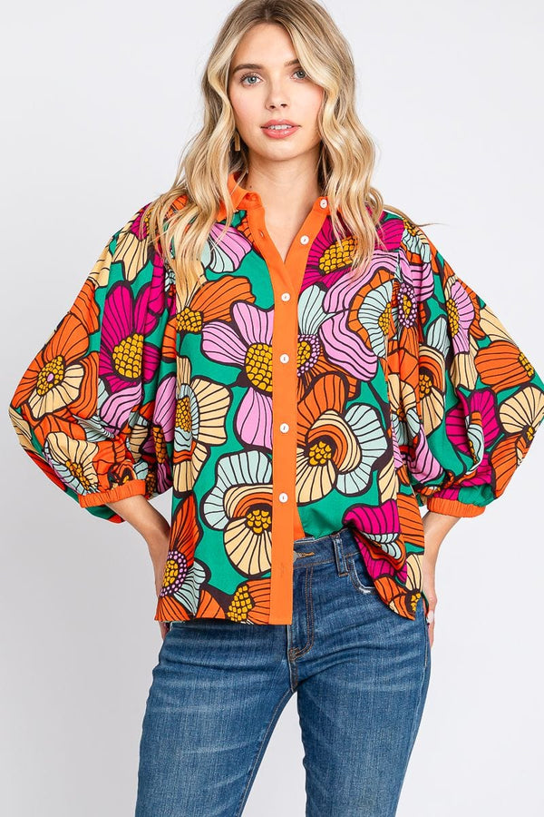 Floral Print Collared Button Down Blouse with Side Slits