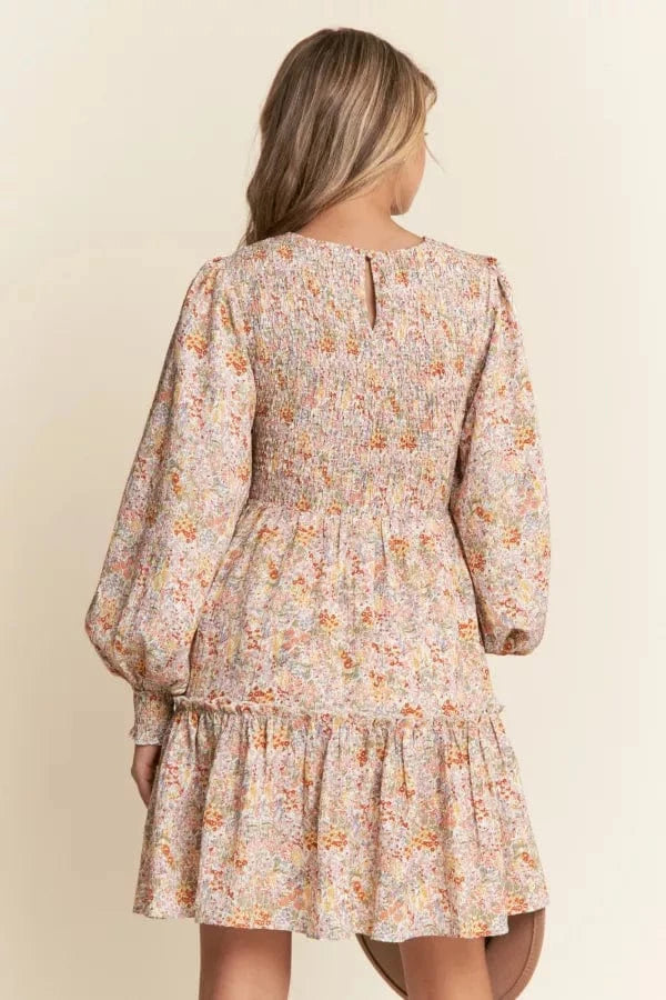 Floral Print Long Sleeve Mini Dress With Smocking Bodice