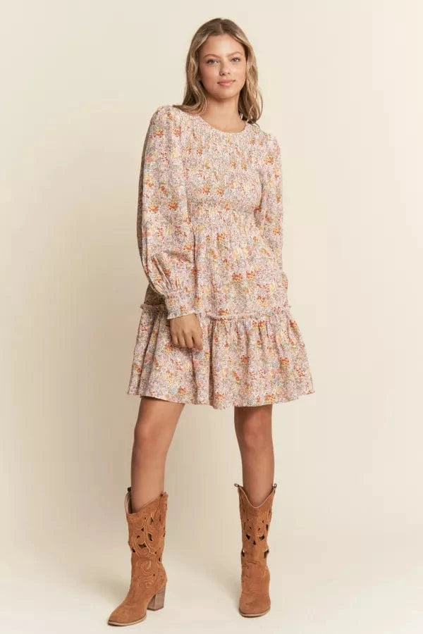 Floral Print Long Sleeve Mini Dress With Smocking Bodice