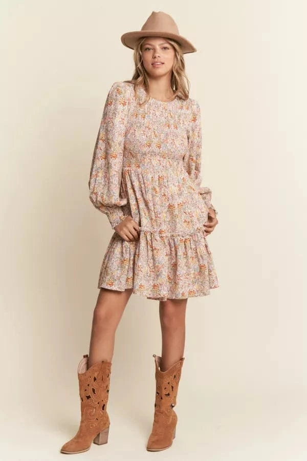Floral Print Long Sleeve Mini Dress With Smocking Bodice