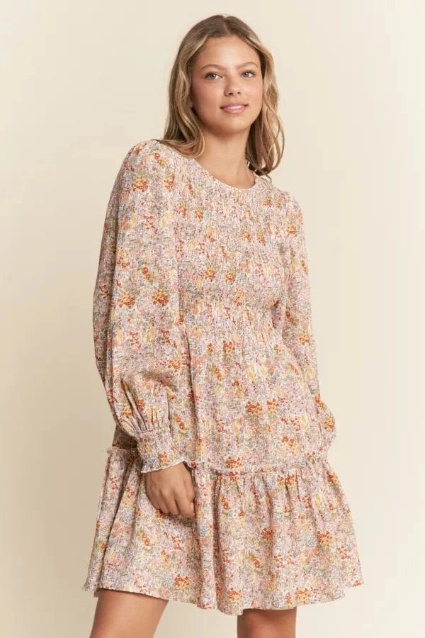 Floral Print Long Sleeve Mini Dress With Smocking Bodice