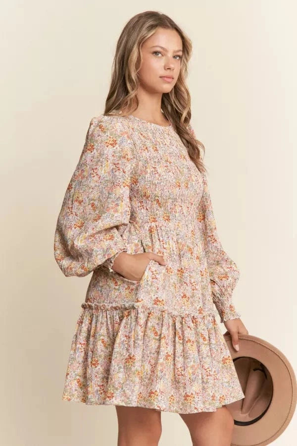 Floral Print Long Sleeve Mini Dress With Smocking Bodice