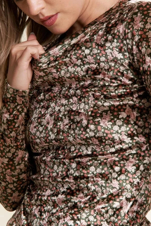 Floral Print Velvet Fabric Long Sleeve Top
