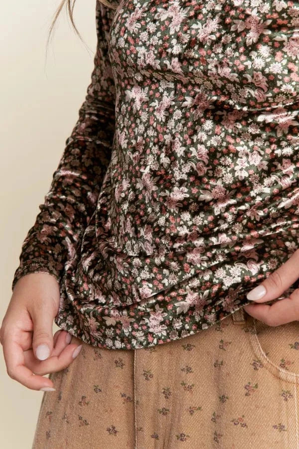 Floral Print Velvet Fabric Long Sleeve Top