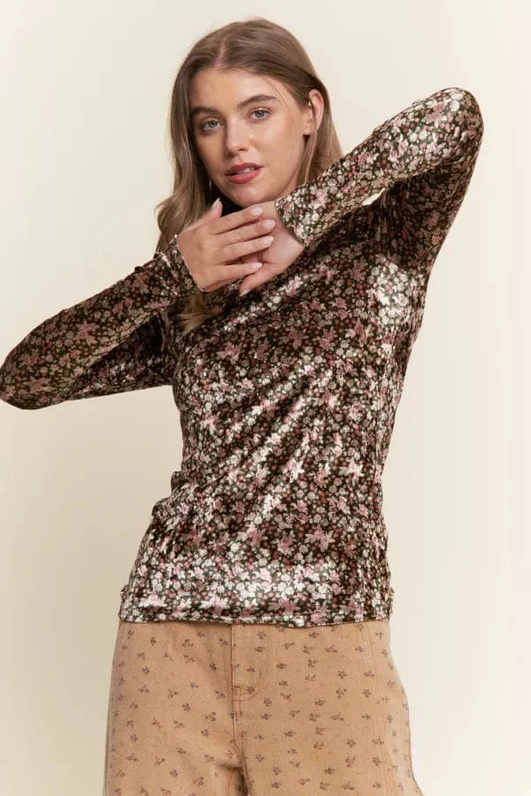 Floral Print Velvet Fabric Long Sleeve Top