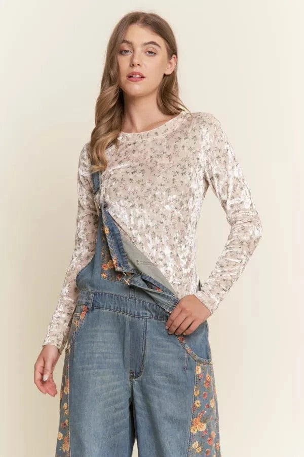 Floral Print Velvet Fabric Long Sleeve Top