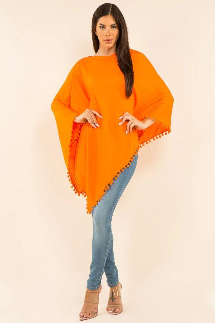 Flowy Solid Pompom Trim Poncho