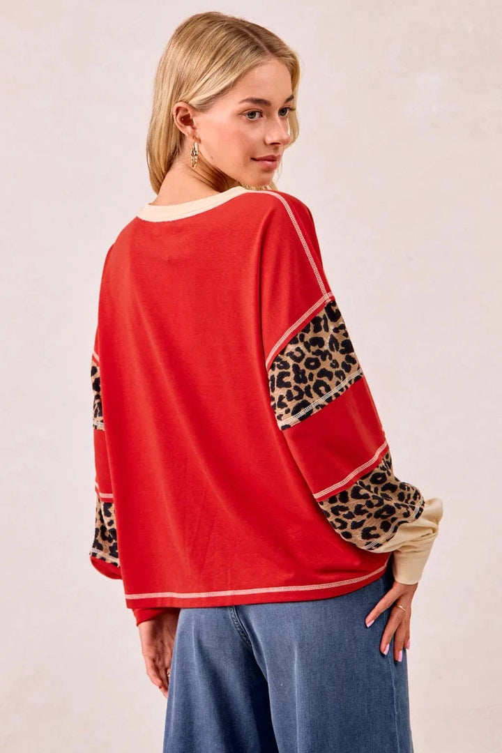 French Terry Patchwork Leopard Print Accented Round Neck Pullover Top