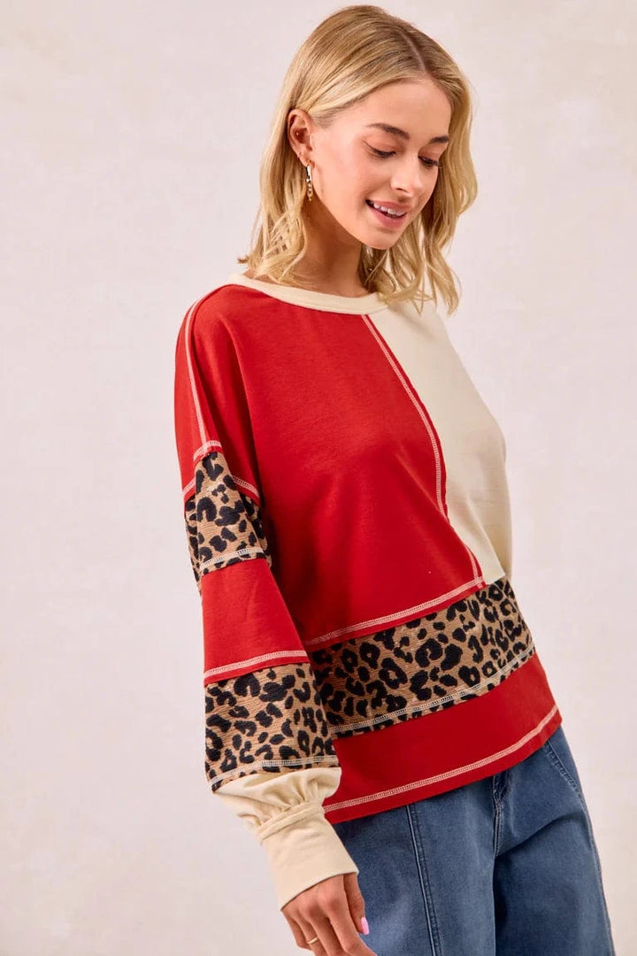 French Terry Patchwork Leopard Print Accented Round Neck Pullover Top