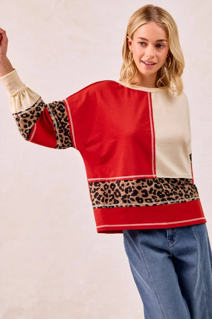 French Terry Patchwork Leopard Print Accented Round Neck Pullover Top