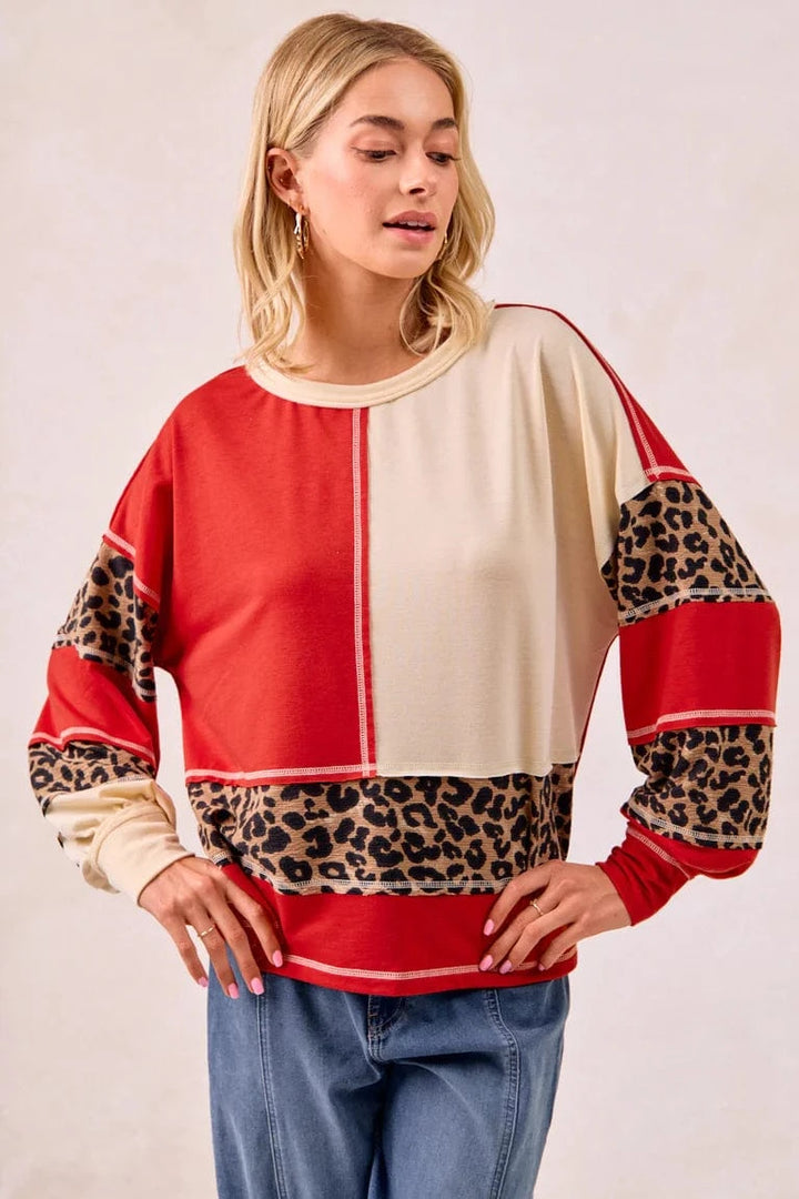 French Terry Patchwork Leopard Print Accented Round Neck Pullover Top