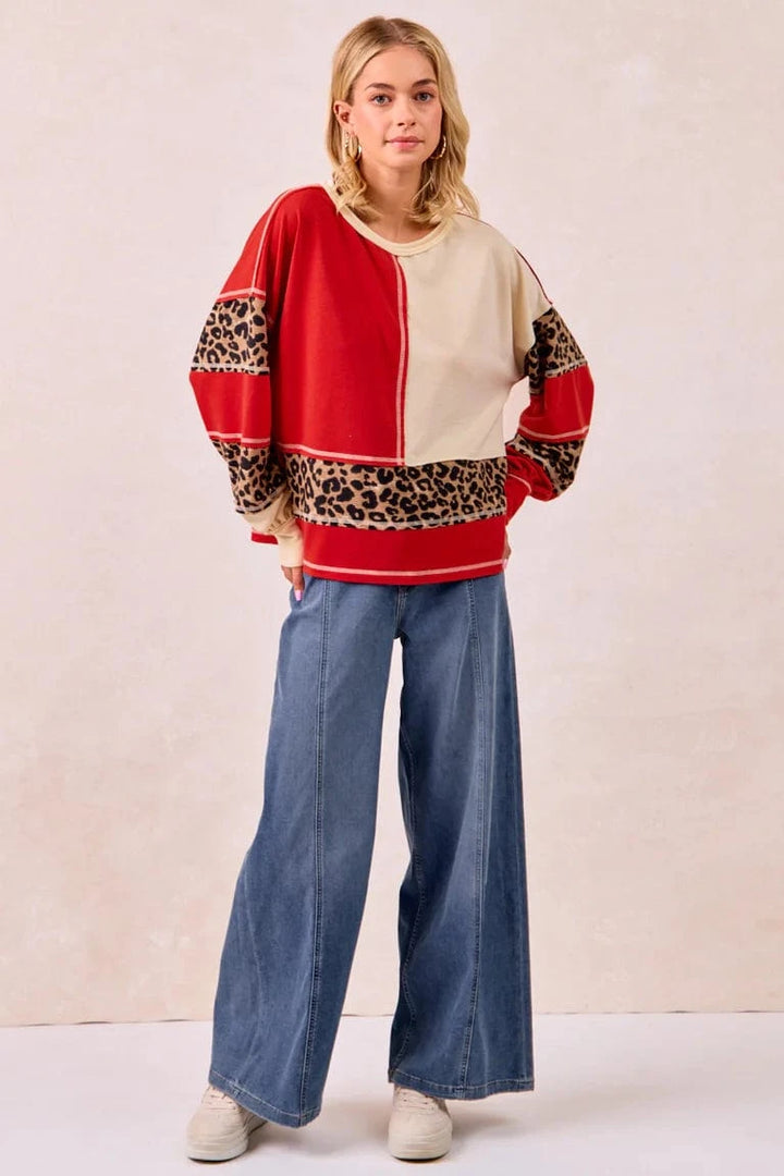 French Terry Patchwork Leopard Print Accented Round Neck Pullover Top