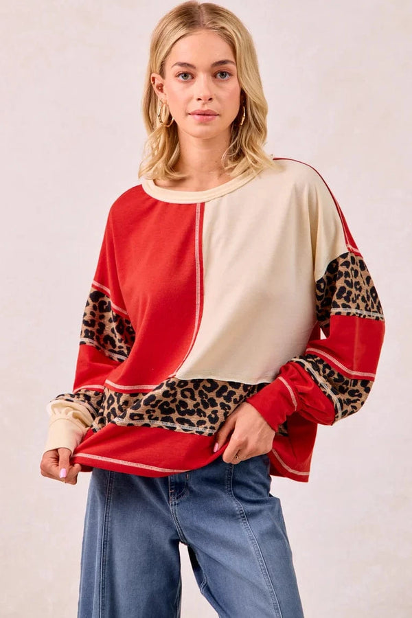 French Terry Patchwork Leopard Print Accented Round Neck Pullover Top