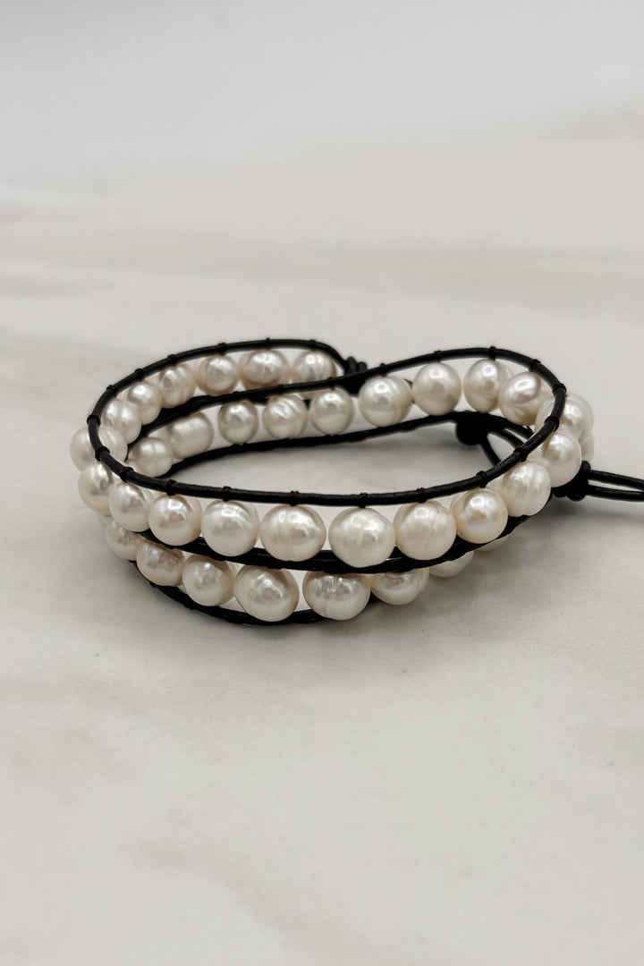 Freshwater Pearl Strand and Leather Double Wrap Bracelet