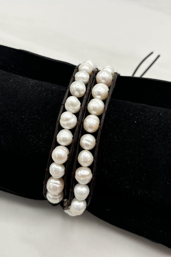 Freshwater Pearl Strand and Leather Double Wrap Bracelet