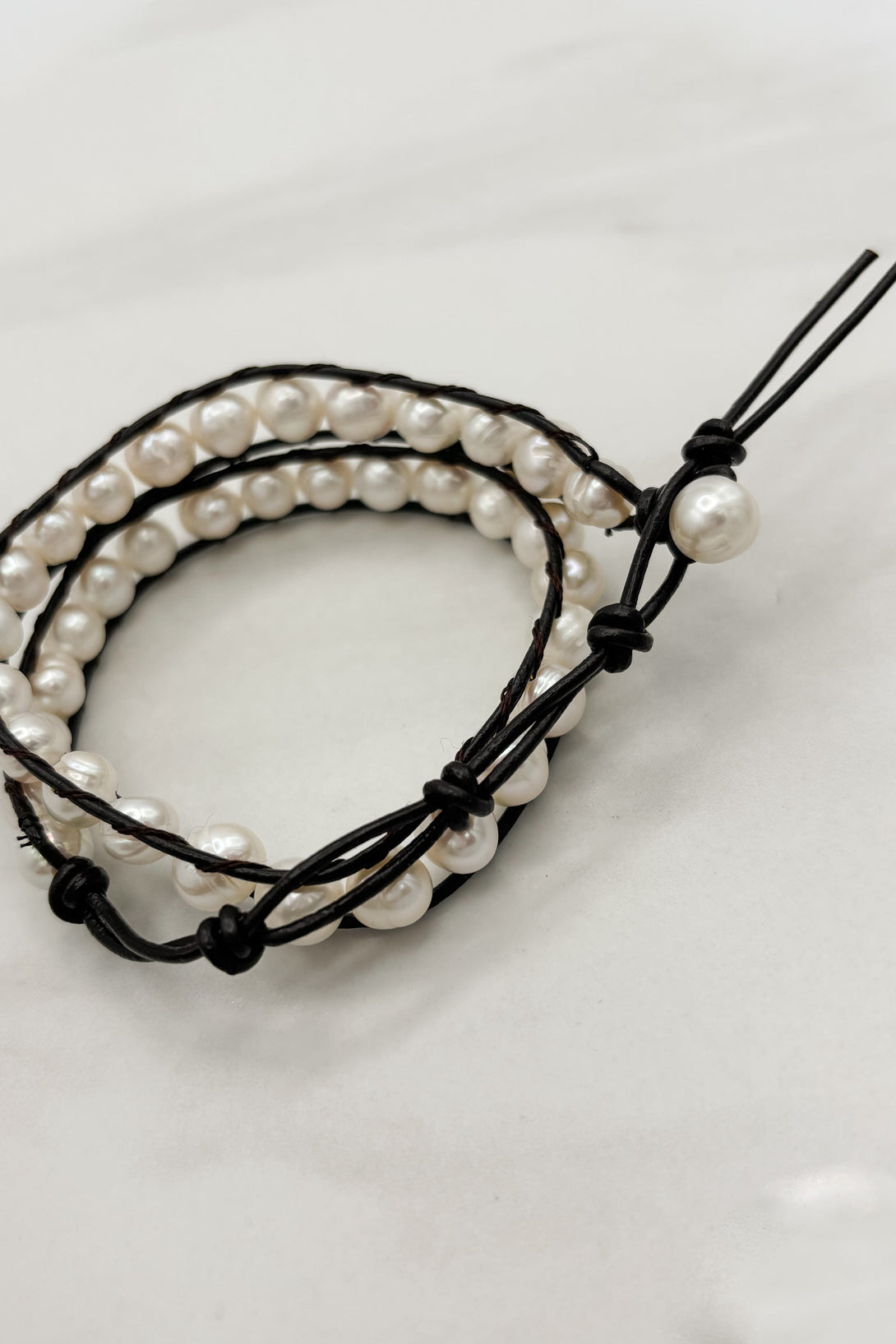Freshwater Pearl Strand and Leather Double Wrap Bracelet