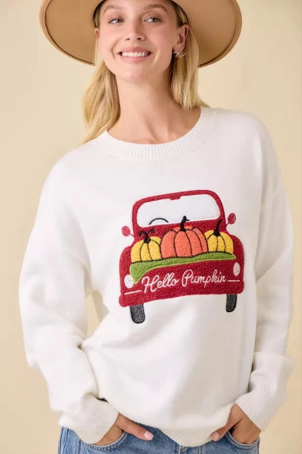 Fuzzy Embroidered "Hello Pumpkin" Truck Graphic Sweater