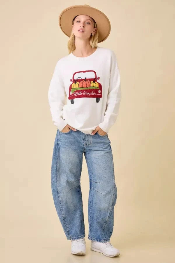 Fuzzy Embroidered "Hello Pumpkin" Truck Graphic Sweater
