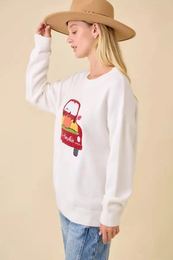 Fuzzy Embroidered "Hello Pumpkin" Truck Graphic Sweater