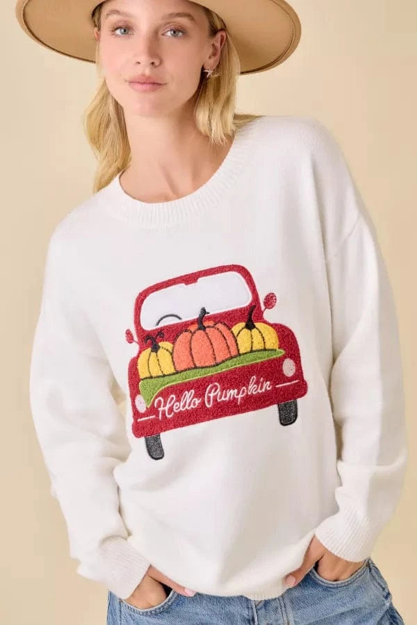 Fuzzy Embroidered "Hello Pumpkin" Truck Graphic Sweater