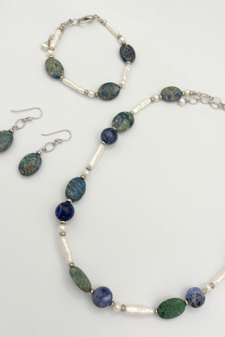 Galen Necklace with Chrysocolla, Sodalite, and Freshwater Pearls