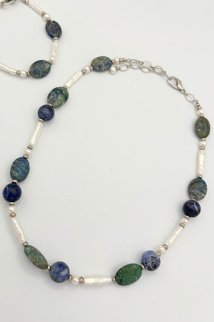 Galen Necklace with Chrysocolla, Sodalite, and Freshwater Pearls