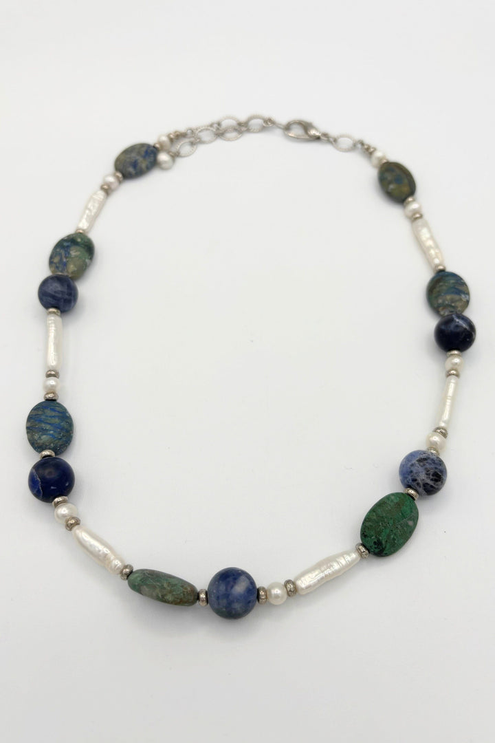 Galen Necklace with Chrysocolla, Sodalite, and Freshwater Pearls
