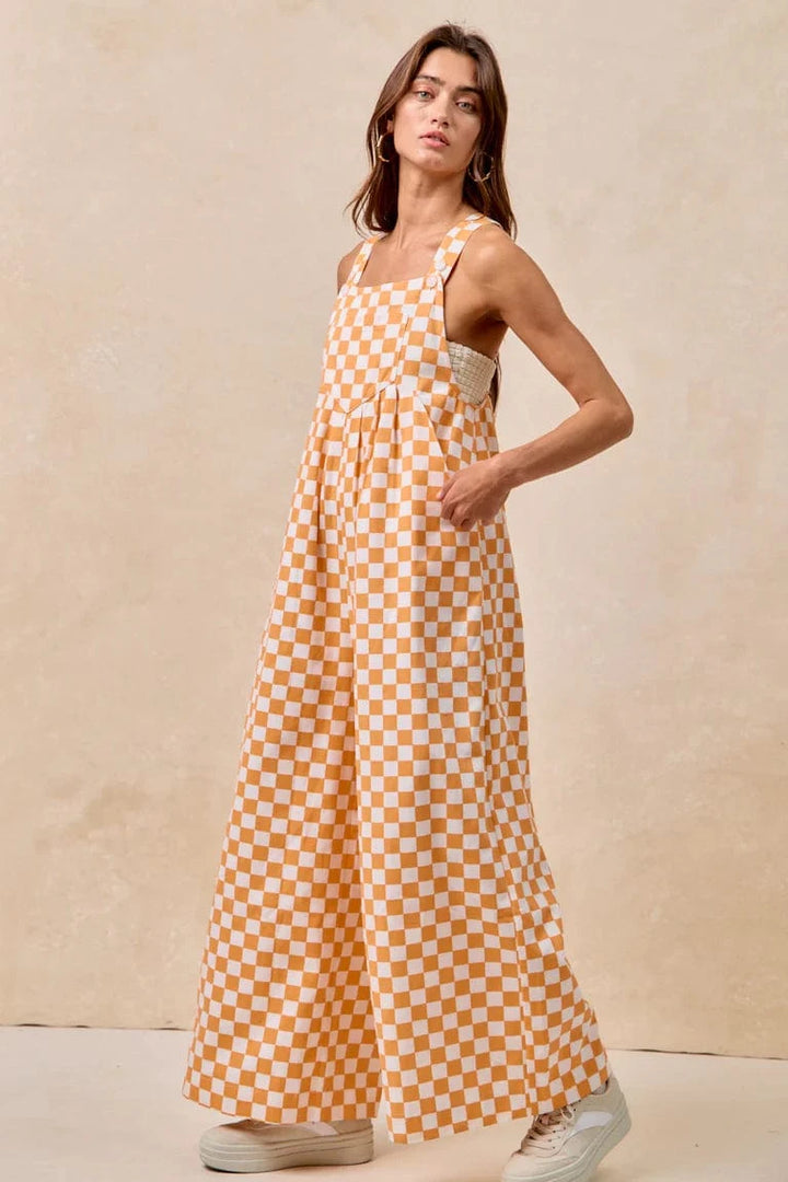 Gameday Checkerboard Pleated Wide Leg Overalls