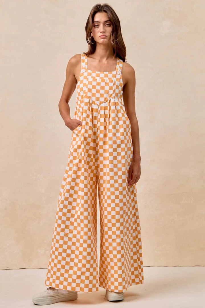 Gameday Checkerboard Pleated Wide Leg Overalls