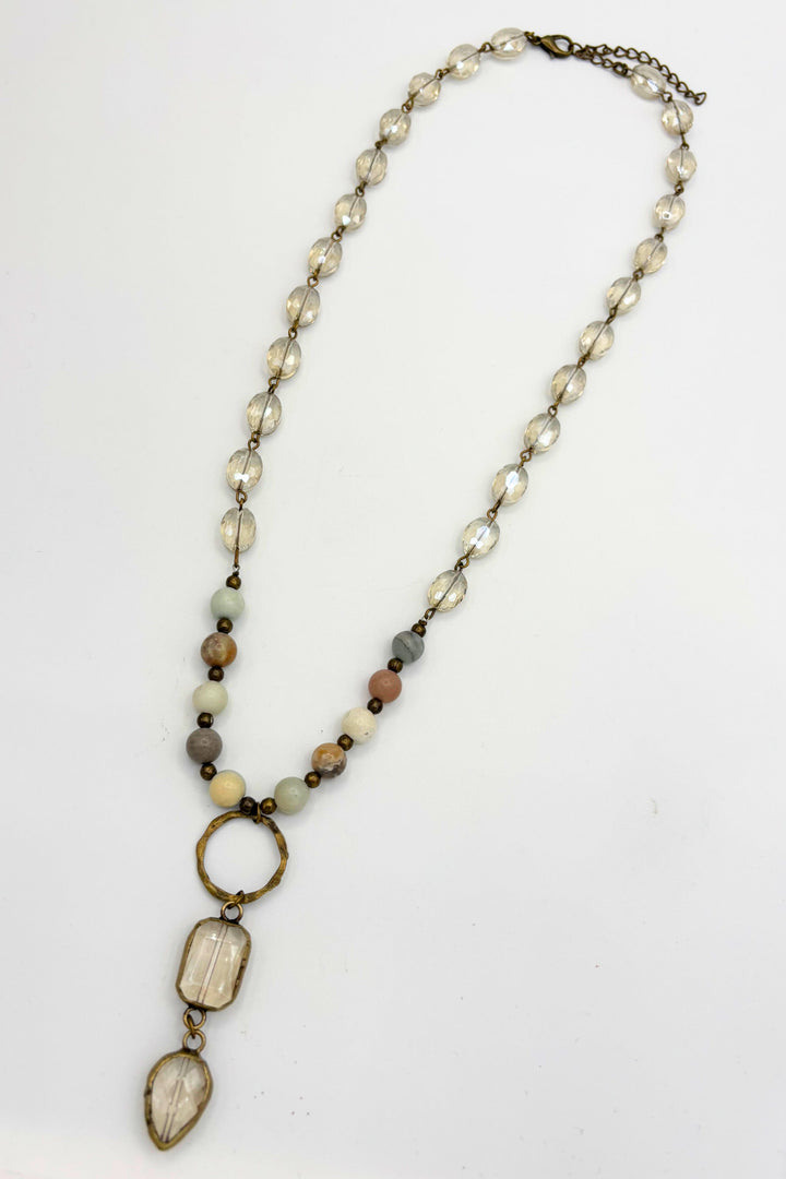 Genuine Stone and Faceted Crystal Beads Necklace with Triple Stacked Centerpiece