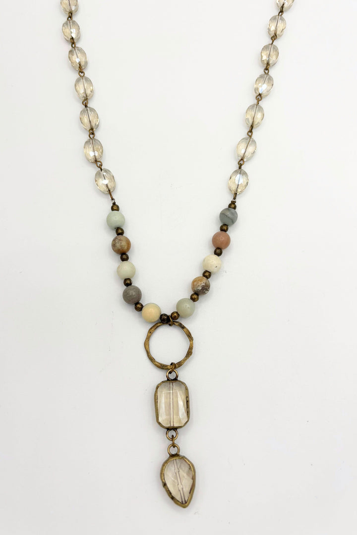 Genuine Stone and Faceted Crystal Beads Necklace with Triple Stacked Centerpiece