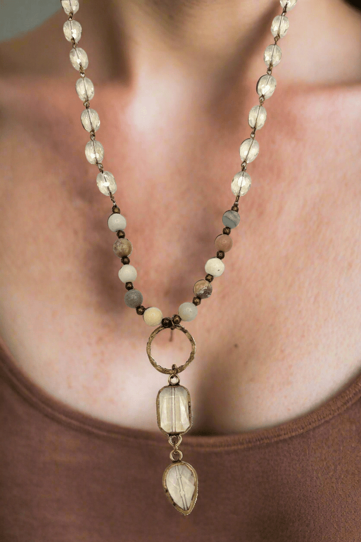 Genuine Stone and Faceted Crystal Beads Necklace with Triple Stacked Centerpiece