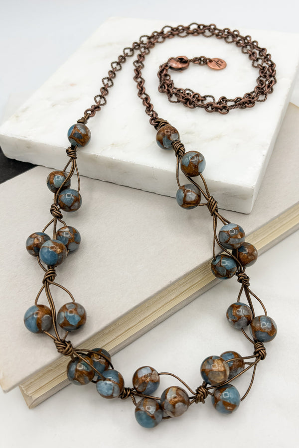 Genuine Stone Beads on Intertwined Leather Bronze Etched Chain Necklace