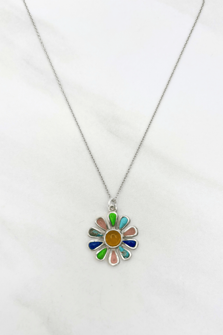 Genuine Stone Daisy Flower Dainty Sterling Silver Chain Necklace