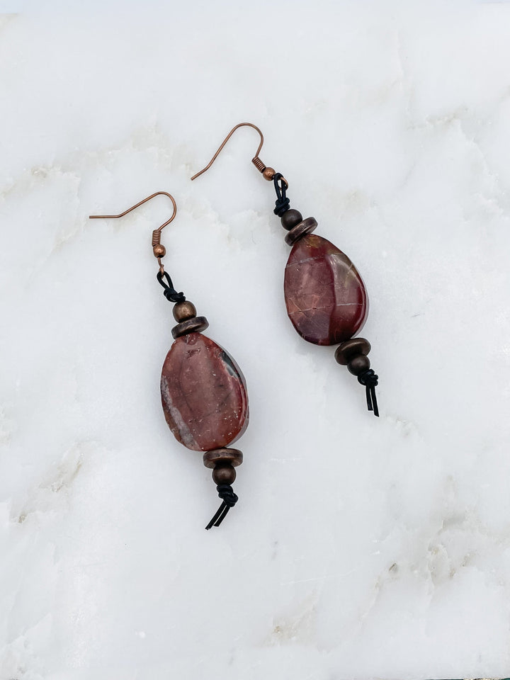 Genuine Stone Dangle Earring With Bead And Leather Detail