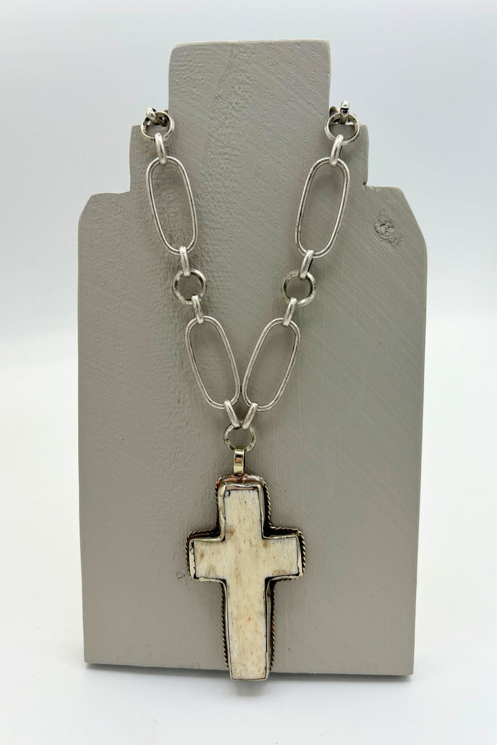 Genuine Stone Set Cross with Floral Etched Backing on Long Mixed Chain