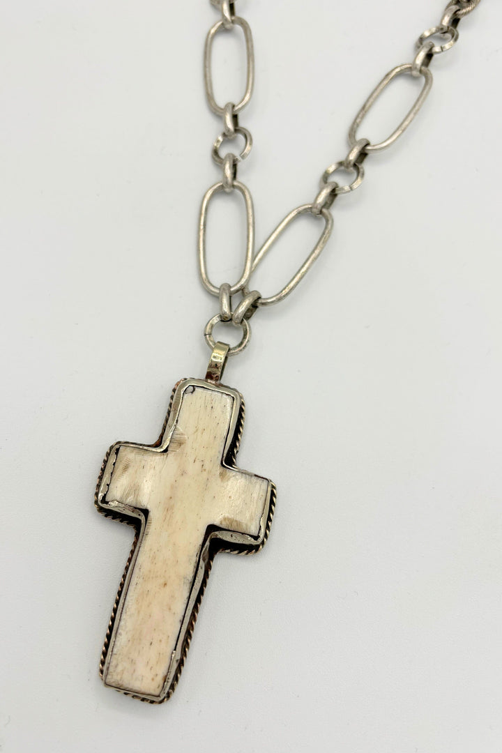 Genuine Stone Set Cross with Floral Etched Backing on Long Mixed Chain