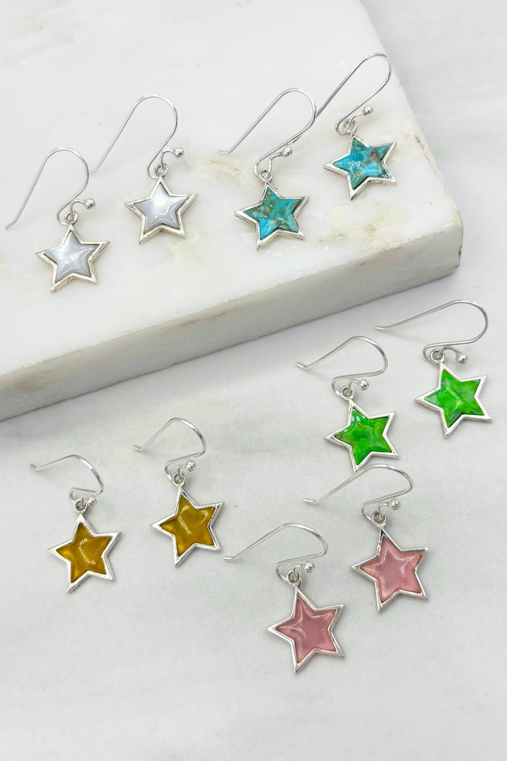 Genuine Stone Star Charm Sterling Silver French Hook Dangle Earrings