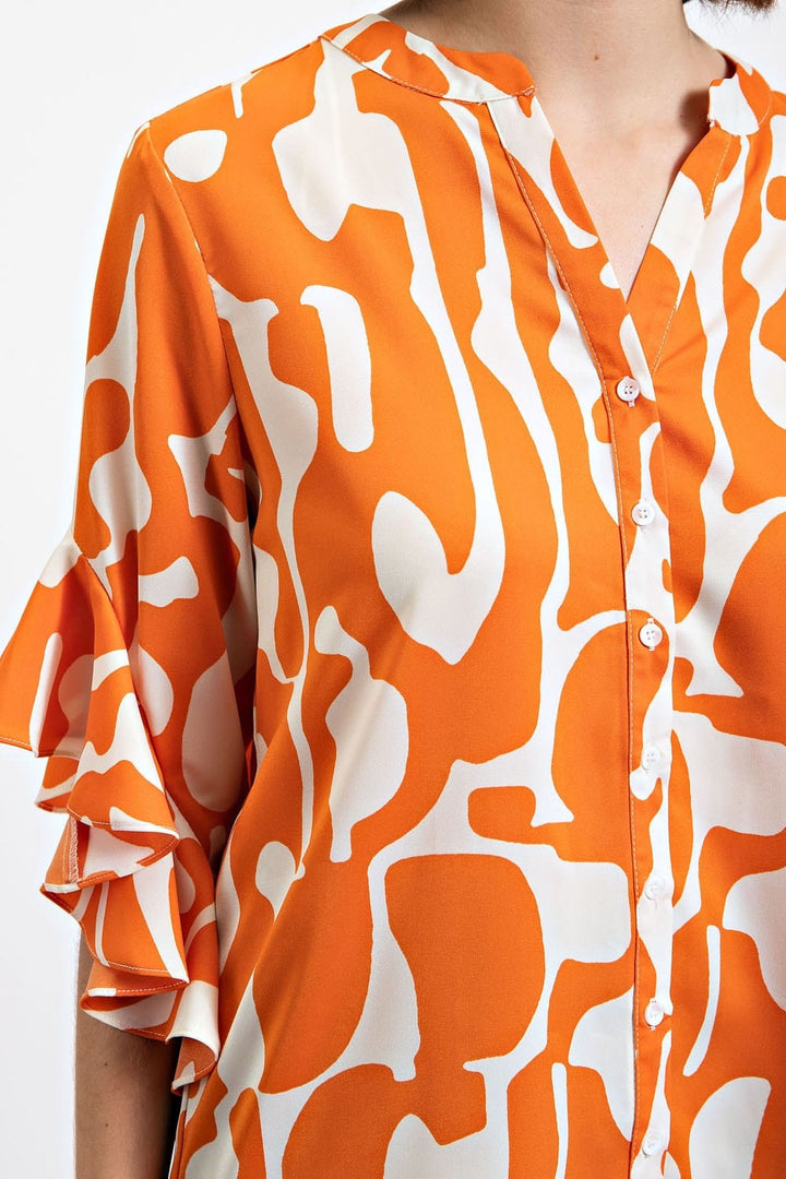 Geometric Print Ruffle Bell Sleeve Split Neck Button Down Blouse