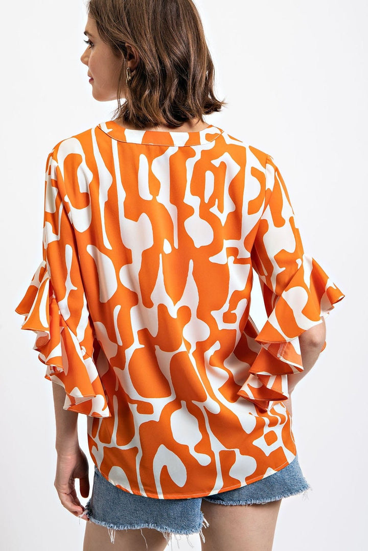 Geometric Print Ruffle Bell Sleeve Split Neck Button Down Blouse