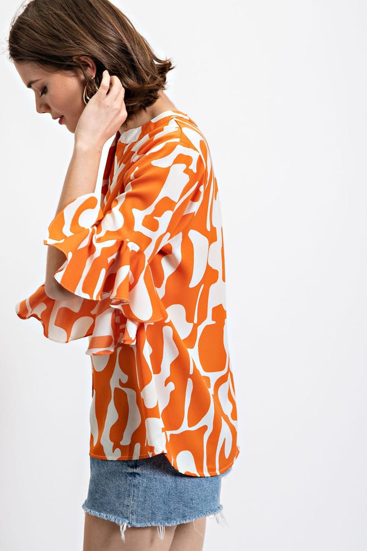 Geometric Print Ruffle Bell Sleeve Split Neck Button Down Blouse