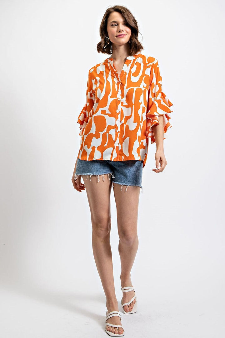 Geometric Print Ruffle Bell Sleeve Split Neck Button Down Blouse
