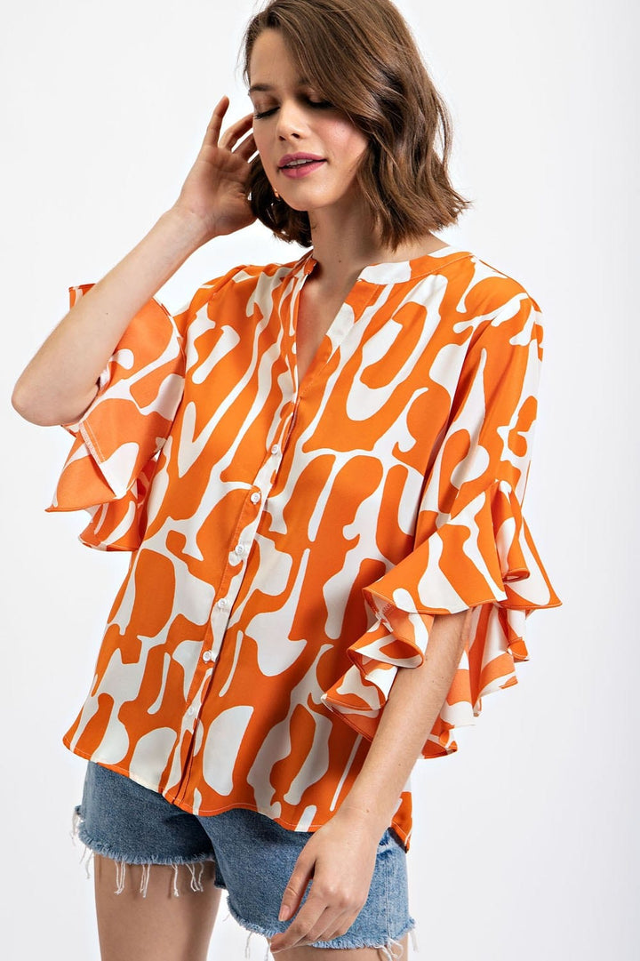 Geometric Print Ruffle Bell Sleeve Split Neck Button Down Blouse