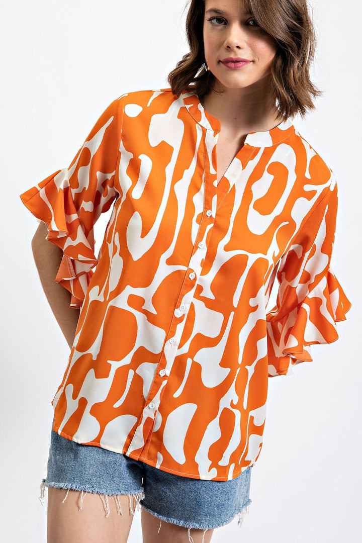 Geometric Print Ruffle Bell Sleeve Split Neck Button Down Blouse