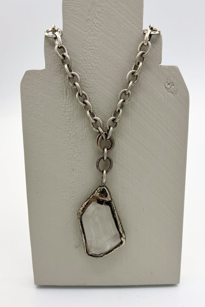 Geometric Soldered Crystal Pendant on Long Mixed Chain Necklace