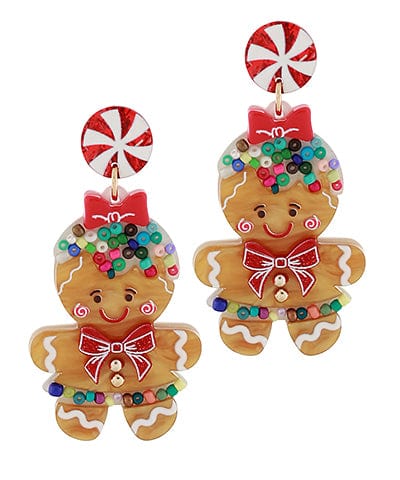 Gingerbread Girl Multicolor Beaded Dangle Earrings with Peppermint Candy Posts